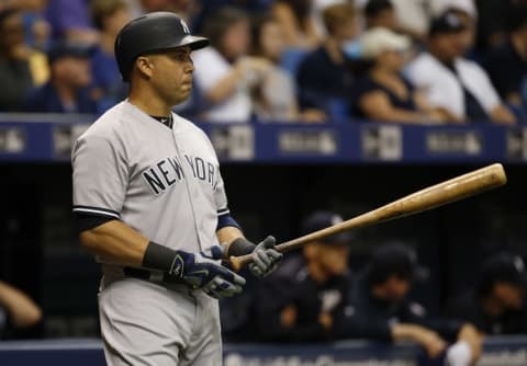 Jul 30, 2016; St. Petersburg, FL, USA; New York Yankees right fielder Carlos Beltran (36) on deck to bat against the Tampa Bay Rays at Tropicana Field. Mandatory Credit: Kim Klement-USA TODAY Sports