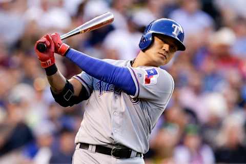 Aug 8, 2016; Denver, CO, USA; Texas Rangers right fielder Shin-Soo Choo (17) in the on-deck circle in the second inning against the Colorado Rockies at Coors Field. Mandatory Credit: Isaiah J. Downing-USA TODAY Sports