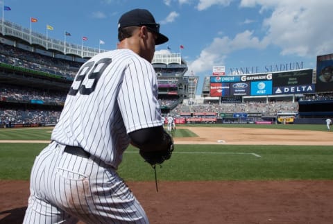 POOL Aug 14, 2016; Bronx, NY, USA; New York Yankees right fielder Aaron Judge (99) takes the field in a game against the Tampa Bay Rays at Yankee Stadium. The Tampa Bay Rays won 12-3. Mandatory Credit: Bill Streicher-USA TODAY Sports