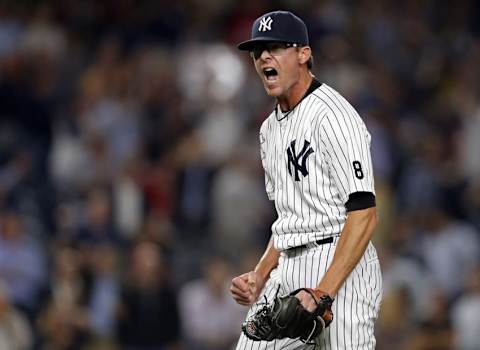 Sep 27, 2016; Bronx, NY, USA; New York Yankees relief pitcher Tyler Clippard (29) reacts after the final out against the Boston Red Sox at Yankee Stadium. Mandatory Credit: Adam Hunger-USA TODAY Sports