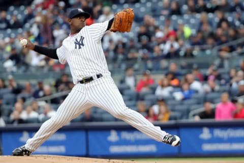 Oct 1, 2016; Bronx, NY, USA; New York Yankees starting pitcher Luis Severino (40) pitches during the first inning against the Baltimore Orioles at Yankee Stadium. Mandatory Credit: Anthony Gruppuso-USA TODAY Sports