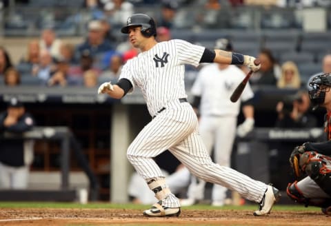 Oct 2, 2016; Bronx, NY, USA; New York Yankees catcher Gary Sanchez (24) bats against the Baltimore Orioles at Yankee Stadium. Mandatory Credit: Danny Wild-USA TODAY Sports