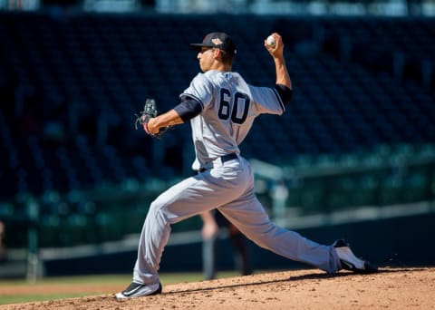 Oct 18, 2016; Mesa, AZ, USA; Scottsdale Scorpions pitcher James Kaprielian of the New York Yankees against the Mesa Solar Sox during an Arizona Fall League game at Sloan Field. Mandatory Credit: Mark J. Rebilas-USA TODAY Sports