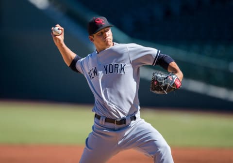 Oct 18, 2016; Mesa, AZ, USA; Scottsdale Scorpions pitcher James Kaprielian of the New York Yankees against the Mesa Solar Sox during an Arizona Fall League game at Sloan Field. Mandatory Credit: Mark J. Rebilas-USA TODAY Sports