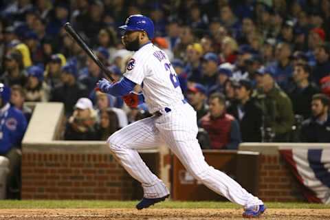 Oct 30, 2016; Chicago, IL, USA; Chicago Cubs right fielder Jason Heyward (22) hits a single against the Cleveland Indians during the eighth inning in game five of the 2016 World Series at Wrigley Field. Mandatory Credit: Jerry Lai-USA TODAY Sports