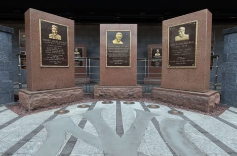 NEW YORK - MAY 02: The monuments of (L-R) Lou Gehrig, Miller Huggins, and Babe Ruth are seen in Monument Park at Yankee Stadium prior to game between the New York Yankees and the Chicago White Sox on May 2, 2010 in the Bronx borough of New York City. The Yankees defeated the White Sox 12-3. (Photo by Jim McIsaac/Getty Images)