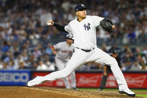 NEW YORK, NEW YORK – OCTOBER 09: Dellin Betances #68 of the New York Yankees throws a pitch against the Boston Red Sox during the seventh inning in Game Four of the American League Division Series at Yankee Stadium on October 09, 2018 in the Bronx borough of New York City. (Photo by Mike Stobe/Getty Images)