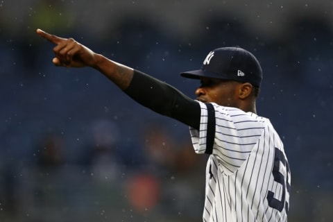 NEW YORK, NY – MAY 5: Domingo German #55 of the New York Yankees points to the stands as he exits the game against the Minnesota Twins during the seventh inning at Yankee Stadium on May 5, 2019 in the Bronx borough of New York City. (Photo by Adam Hunger/Getty Images)