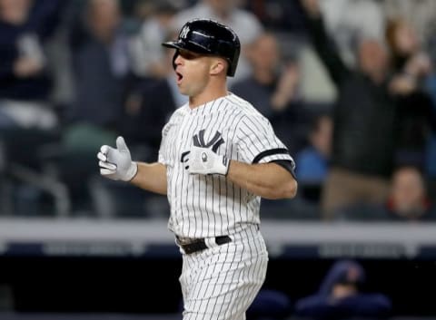 NEW YORK, NEW YORK – APRIL 17: Brett Gardner #11 of the New York Yankees reacts after he hit a grand slam in the seventh inning against the Boston Red Sox at Yankee Stadium on April 17, 2019 in New York City. (Photo by Elsa/Getty Images)