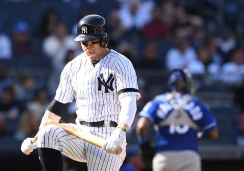 NEW YORK, NEW YORK – APRIL 21: Clint Frazier #77 of the New York Yankees breaks his bat after striking out during the ninth inning of the game against the Kansas City Royals at Yankee Stadium on April 21, 2019 in the Bronx borough of New York City. (Photo by Sarah Stier/Getty Images)