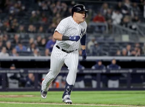 NEW YORK, NEW YORK – MAY 09: Gio Urshela #29 of the New York Yankees heads for first after he hit a 2RBI single in the eighth inning against the Seattle Mariners at Yankee Stadium on May 09, 2019 in the Bronx borough of New York City. (Photo by Elsa/Getty Images)