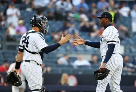 NEW YORK, NEW YORK – MAY 15: Aroldis Chapman #54 of the New York Yankees celebrates a 5-3 win with Gary Sanchez #24 against the Baltimore Orioles during their game at Yankee Stadium on May 15, 2019 in New York City. (Photo by Al Bello/Getty Images)