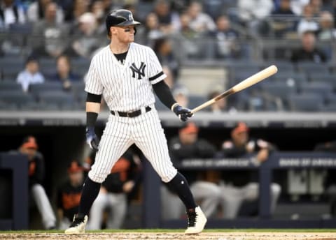 NEW YORK, NEW YORK – MAY 15: Clint Frazier #77 of the New York Yankees bats during the first inning of game two of a double header against the Baltimore Orioles at Yankee Stadium on May 15, 2019 in the Bronx borough of New York City. (Photo by Sarah Stier/Getty Images)