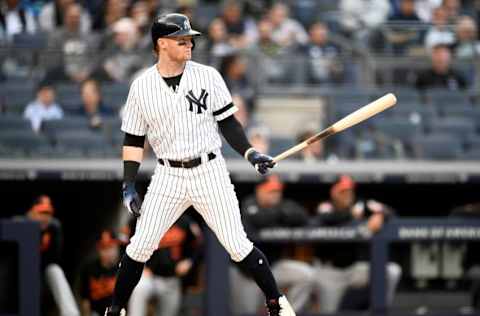 NEW YORK, NEW YORK - MAY 15: Clint Frazier #77 of the New York Yankees bats during the first inning of game two of a double header against the Baltimore Orioles at Yankee Stadium on May 15, 2019 in the Bronx borough of New York City. (Photo by Sarah Stier/Getty Images)