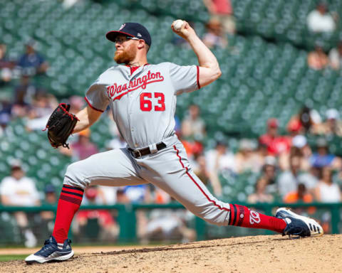 DETROIT, MI – JUNE 30: Sean Doolittle #63 of the Washington Nationals pitches in the ninth inning against the Detroit Tigers during a MLB game at Comerica Park on June 30, 2019 in Detroit, Michigan. Washington defeated the Detroit 2-1. (Photo by Dave Reginek/Getty Images)