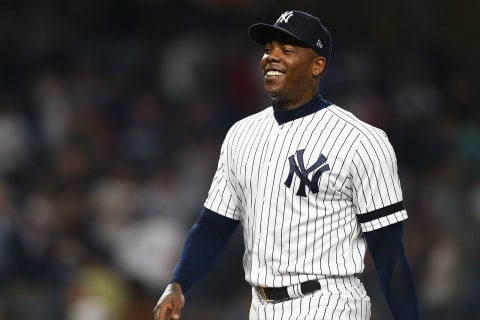 NEW YORK, NEW YORK – JUNE 01: Aroldis Chapman #54 of the New York Yankees celebrates after defeating the Boston Red Sox 5-3 at Yankee Stadium on June 01, 2019 in New York City. (Photo by Mike Stobe/Getty Images)