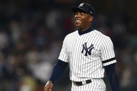 NEW YORK, NEW YORK – JUNE 01: Aroldis Chapman #54 of the New York Yankees celebrates after defeating the Boston Red Sox 5-3 at Yankee Stadium on June 01, 2019 in New York City. (Photo by Mike Stobe/Getty Images)