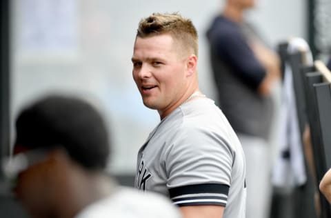 CLEVELAND, OHIO - JUNE 09: Luke Voit #45 of the New York Yankees celebrates after scoring on a sacrifice fly by Clint Frazier #77 to take the lead against the Cleveland Indians during the ninth inning at Progressive Field on June 09, 2019 in Cleveland, Ohio. (Photo by Jason Miller/Getty Images)