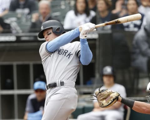 CHICAGO, ILLINOIS – JUNE 16: Clint Frazier #77 of the New York Yankees at bat during the first inning against the Chicago White Sox at Guaranteed Rate Field on June 16, 2019 in Chicago, Illinois. (Photo by Nuccio DiNuzzo/Getty Images)