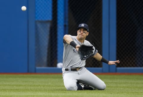 Mike Tauchman #39 of the New York Yankees makes a diving catch against the Toronto Blue Jays in the first inning during their MLB game at the Rogers Centre on August 9, 2019 in Toronto, Canada. (Photo by Mark Blinch/Getty Images)