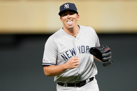 MINNEAPOLIS, MN – JULY 22: Jonathan Holder #56 of the New York Yankees celebrates making a play against the Minnesota Twins during the game on July 22, 2019 at Target Field in Minneapolis, Minnesota. The Twins defeated the Yankees 8-6. (Photo by Hannah Foslien/Getty Images)