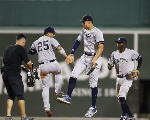 Aaron Judge #99 of the New York Yankees (R) and Gleyber Torres #25 of the New York Yankees (L) celebrate (Photo by Omar Rawlings/Getty Images)