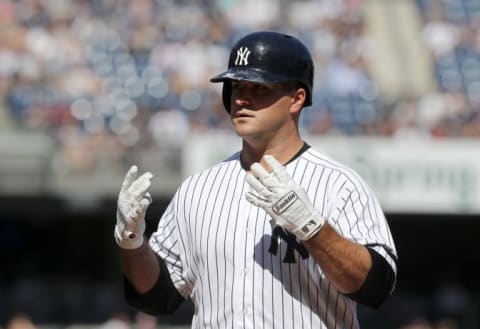 NEW YORK, NEW YORK – SEPTEMBER 21: Mike Ford #36 of the New York Yankees reacts at first base after his fourth inning RBI single against the Toronto Blue Jays at Yankee Stadium on September 21, 2019 in the Bronx borough of New York City. (Photo by Jim McIsaac/Getty Images)