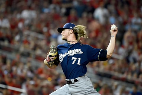 WASHINGTON, DC – OCTOBER 01: Josh Hader #71 of the Milwaukee Brewers throws a pitch against the Washington Nationals during the eighth inning in the National League Wild Card game at Nationals Park on October 01, 2019 in Washington, DC. (Photo by Will Newton/Getty Images)