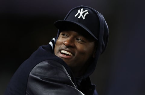 NEW YORK, NEW YORK - OCTOBER 05: Luis Severino #40 of the New York Yankees looks on during game two of the American League Division Series against the Minnesota Twins at Yankee Stadium on October 05, 2019 in New York City. (Photo by Elsa/Getty Images)