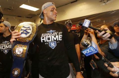 Aaron Judge of the New York Yankees celebrates during the 2019 MLB Playoffs.