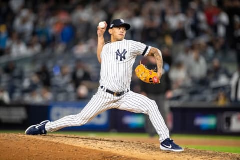 NEW YORK, NY – OCTOBER 05: Jonathan Loaisiga #43 of the New York Yankees pitches against the Minnesota Twins on October 5, 2019 in game two of the American League Division Series at Yankee Stadium in the Bronx borough of New York City. (Photo by Brace Hemmelgarn/Minnesota Twins/Getty Images)