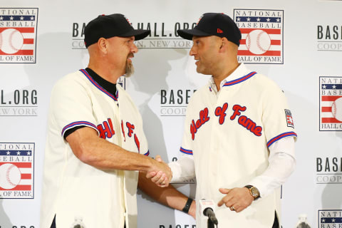 NEW YORK, NEW YORK – JANUARY 22: (L-R) Larry Walker and Derek Jeter shake hands after being elected into the National Baseball Hall of Fame Class of 2020 on January 22, 2020 at the St. Regis Hotel in New York City. The National Baseball Hall of Fame induction ceremony will be held on Sunday, July 26, 2020 in Cooperstown, NY. (Photo by Mike Stobe/Getty Images)