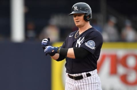 TAMPA, FLORIDA – FEBRUARY 26: Clint Frazier #77 of the New York Yankees gestures to the bench after hitting a double in the fourth inning during the spring training game against the Washington Nationals at Steinbrenner Field on February 26, 2020 in Tampa, Florida. (Photo by Mark Brown/Getty Images)