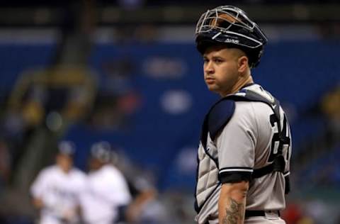 ST PETERSBURG, FL – JULY 24: Gary Sanchez #24 of the New York Yankees looks on during a game against the Tampa Bay Rays at Tropicana Field on July 24, 2018 in St Petersburg, Florida. (Photo by Mike Ehrmann/Getty Images)