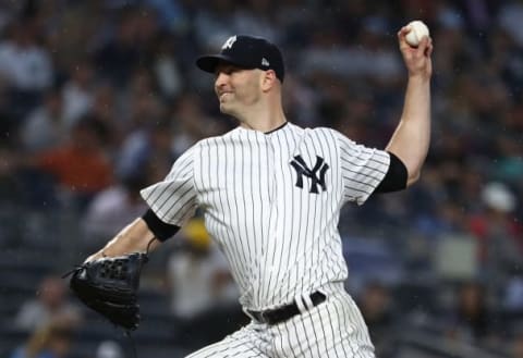 NEW YORK, NY – AUGUST 14: J.A. Happ #34 of the New York Yankees pitches against the tb during their game at Yankee Stadium on August 14, 2018 in New York City. (Photo by Al Bello/Getty Images)