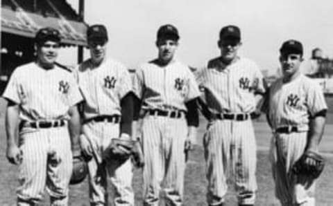 From left American baseball players Charlie Keller (1916 – 1990), Joe DiMaggio (1914 – 1999), and Tommy Henrich, Canadian-born George Selkirk (1908 – 1987), American Frenchy Bordagaray (1910 – 2001). (Photo by Hulton Archive/Getty Images)