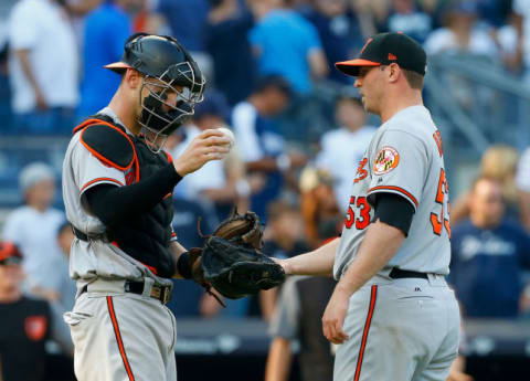 NEW YORK, NY – SEPTEMBER 17: Zach Britton #53 and Caleb Joseph #36 of the Baltimore Orioles celebrate after defeating the New York Yankees at Yankee Stadium on September 17, 2017 in the Bronx borough of New York City. (Photo by Jim McIsaac/Getty Images)