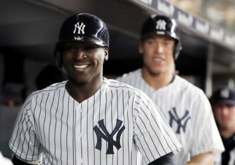 NEW YORK, NY – APRIL 24: Didi Gregorius #18 and Aaron Judge #99 of the New York Yankees smile in the dugout in the fifth inning after Didi Gregorius drove them both home with a home run in the fifth inning against the Minnesota Twins at Yankee Stadium on April 24, 2018 in the Bronx borough of New York City. (Photo by Elsa/Getty Images)