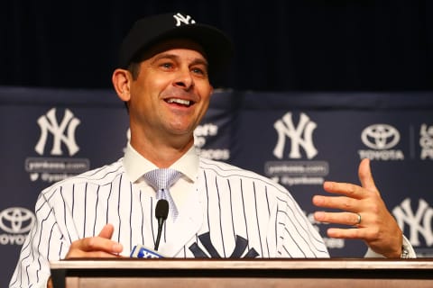 NEW YORK, NY – DECEMBER 06: Aaron Boone speaks to the media after being introduced as manager of the New York Yankees at Yankee Stadium on December 6, 2017 in the Bronx borough of New York City. (Photo by Mike Stobe/Getty Images)