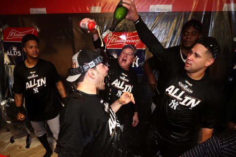 CLEVELAND, OH – OCTOBER 11: The New York Yankees celebrate in the locker room after their 5 to 2 win over the Cleveland Indians in Game Five of the American League Divisional Series at Progressive Field on October 11, 2017 in Cleveland, Ohio. (Photo by Gregory Shamus/Getty Images)