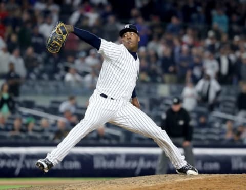 NEW YORK, NY – MAY 09: Aroldis Chapman #54 of the New York Yankees delivers a pitch in the ninth inning against the Boston Red Sox at Yankee Stadium on May 9, 2018 in the Bronx borough of New York City. (Photo by Elsa/Getty Images)