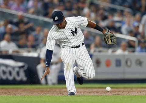 NEW YORK, NY – AUGUST 28: Miguel Andujar #41 of the New York Yankees commits a fielding error during the third inning against the Chicago White Sox at Yankee Stadium on August 28, 2018 in the Bronx borough of New York City. (Photo by Jim McIsaac/Getty Images)