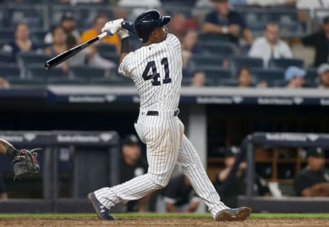 NEW YORK, NY – AUGUST 28: Miguel Andujar #41 of the New York Yankees follows through on a sixth inning two-run home run against the Chicago White Sox at Yankee Stadium on August 28, 2018, in the Bronx borough of New York City. (Photo by Jim McIsaac/Getty Images)