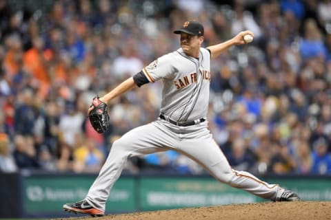 MILWAUKEE, WI – SEPTEMBER 07: Tony Watson #56 of the San Francisco Giants throws a pitch during the seventh inning of a game against the Milwaukee Brewers at Miller Park on September 7, 2018 in Milwaukee, Wisconsin. (Photo by Stacy Revere/Getty Images)