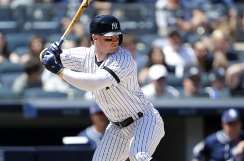 NEW YORK, NEW YORK - MAY 27: (NEW YORK DAILIES OUT) Clint Frazier #77 of the New York Yankees in action against the San Diego Padres at Yankee Stadium on May 27, 2019 in New York City. The Yankees defeated the Padres 5-2. (Photo by Jim McIsaac/Getty Images)