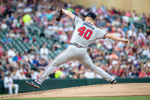 Mike Soroka of the Atlanta Braves. (Photo by Brace Hemmelgarn/Minnesota Twins/Getty Images)