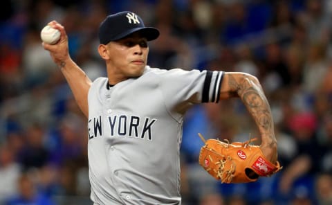 Jonathan Loaisiga #43 of the New York Yankees (Photo by Mike Ehrmann/Getty Images)