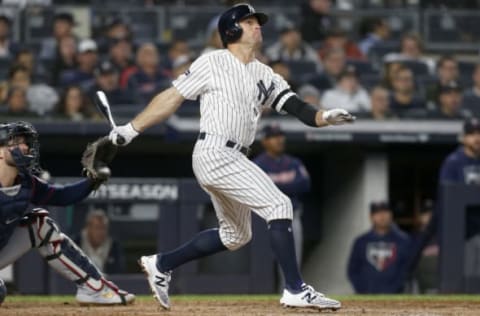 NEW YORK, NEW YORK – OCTOBER 04: (NEW YORK DAILIES OUT) Brett Gardner #11 of the New York Yankees follows through on his sixth inning home run against the Minnesota Twins in game one of the American League Division Series at Yankee Stadium on October 04, 2019 in New York City. The Yankees defeated the Twins 10-4. (Photo by Jim McIsaac/Getty Images)