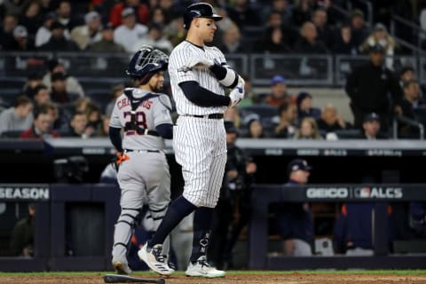 Aaron Judge of the New York Yankees strikes out (Photo by Elsa/Getty Images)