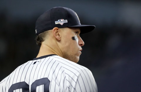 NEW YORK, NEW YORK - OCTOBER 18: Aaron Judge #99 of the New York Yankees looks on against the Houston Astros during the eighth inning in game five of the American League Championship Series at Yankee Stadium on October 18, 2019 in New York City. (Photo by Elsa/Getty Images)